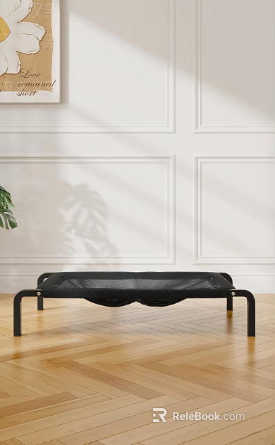 Modern Pet Furniture Black Mesh Bed with Metal Frame on Wooden Floor and White Wall 3d model 