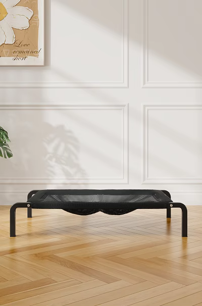 Modern Pet Furniture Black Mesh Bed with Metal Frame on Wooden Floor and White Wall 3d model