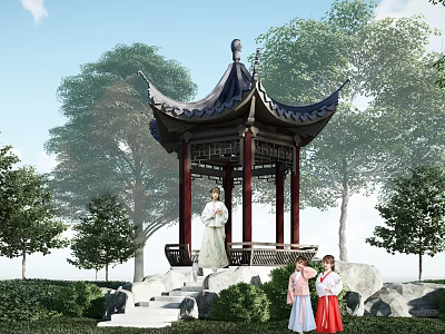 Traditional Chinese Garden Pavilion With People In Hanfu Clothing And Green Trees 3d model