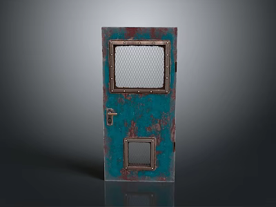 Blue Rusty Door With Mesh Window And Small Square Panel Design 3d model