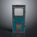 Blue Rusty Door With Mesh Window And Small Square Panel Design 3d model
