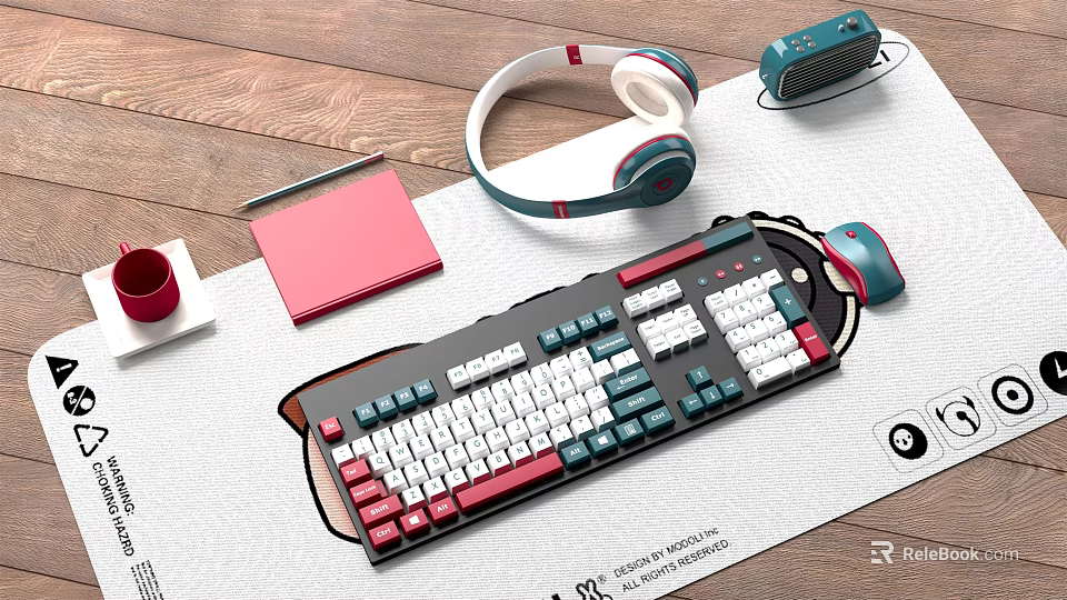 Desktop Computer Accessories Setup With Keyboard Mouse Headphones And Notebook On Wooden Desk Mat 3d model 