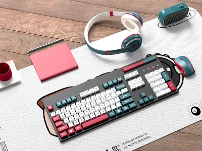 Desktop Computer Accessories Setup With Keyboard Mouse Headphones And Notebook On Wooden Desk Mat 3d model