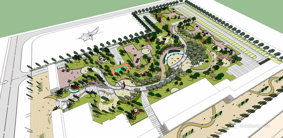 Park Landscape Design With Trees Winding Paths Play Areas And Green Lawns 3d model 