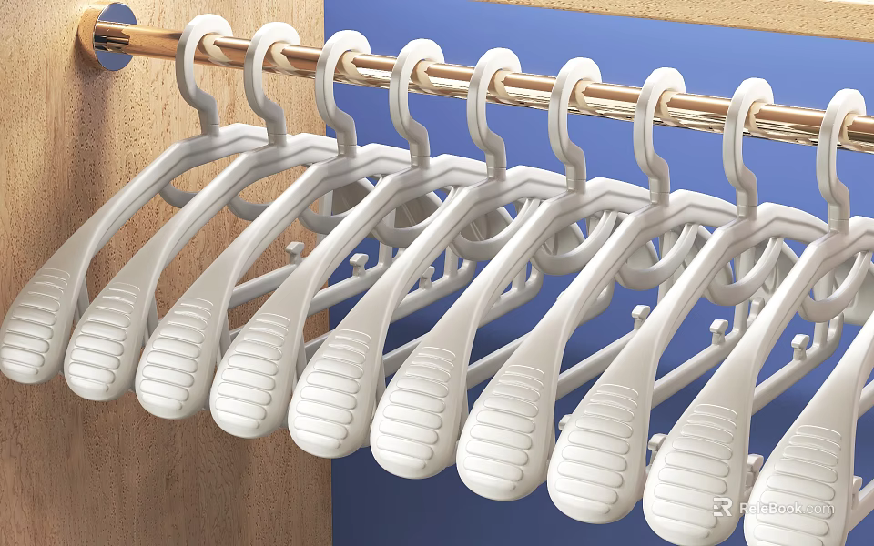 White Plastic Hangers Hanging On Metal Rod For Daily Household Use 3d model 