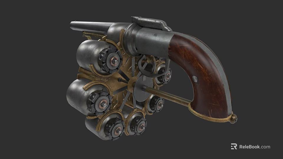 Vintage Revolver Weapon With Multiple Barrels Wooden Grip And Metal Structure Design 3d model 