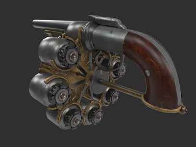 Vintage Revolver Weapon With Multiple Barrels Wooden Grip And Metal Structure Design 3d model