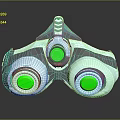 Futuristic Weapon Featuring Blue White Gray Body and Green Circular Components in Streamlined Modern Design