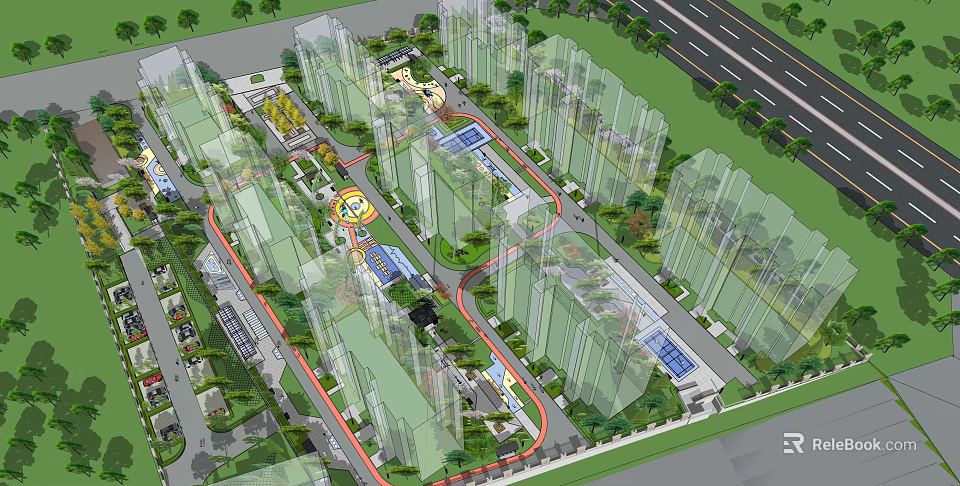 Residential Landscape Design With High Rise Buildings Greenery Pathways And Central Recreational Areas 3d model 