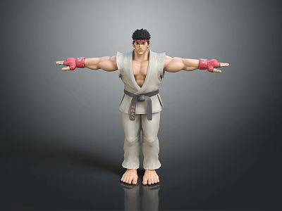 Muscular Game Movie Character In White Karate Gi With Red Wristbands And Outstretched Arms 3d model