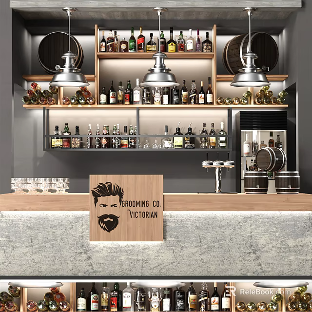 Victorian Style Bar Counter With Wooden Sign Pendant Lights And Bottles On Shelves 3d model 