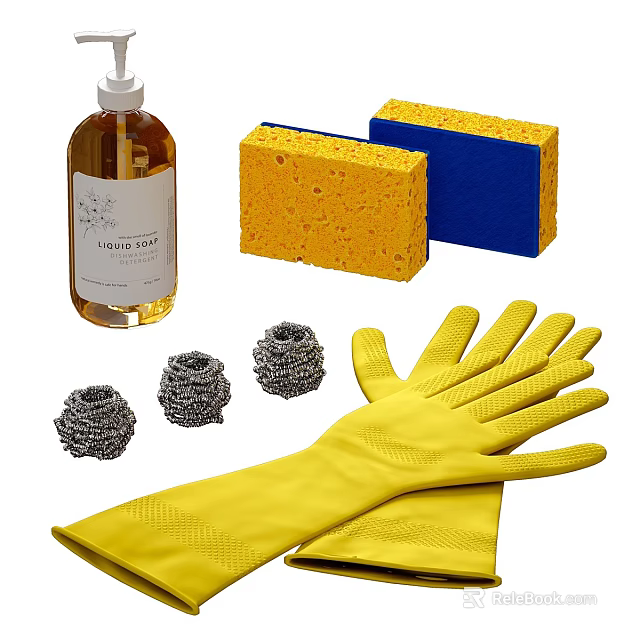 Essential Household Cleaning Supplies Including Liquid Soap Sponges Steel Wool Pads And Rubber Gloves 3d model 