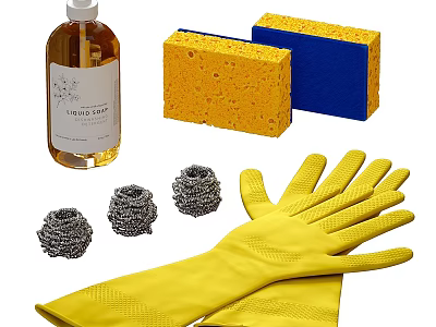 Essential Household Cleaning Supplies Including Liquid Soap Sponges Steel Wool Pads And Rubber Gloves 3d model