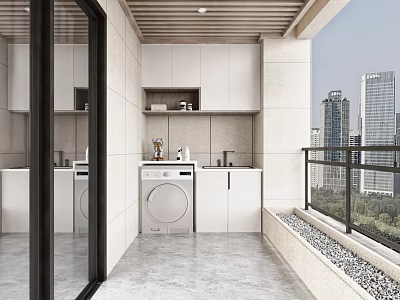 Modern Home Balcony With White Cabinets Washing Machine Sink Gray Tiled Floor And City View 3d model