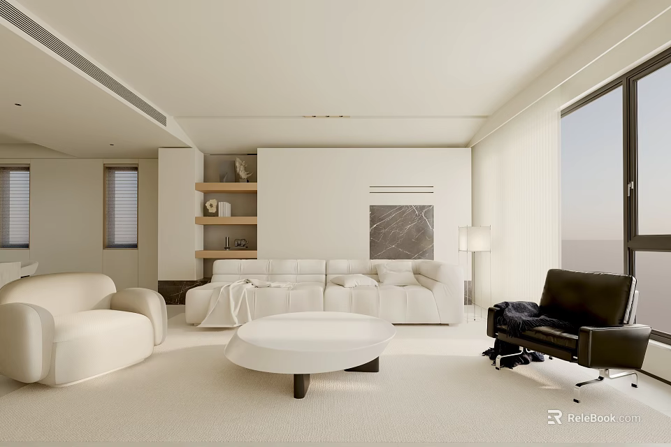 Modern Minimalist Living Room With White Sofa Round Coffee Table And Black Armchair 3d model 