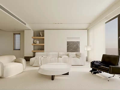 Modern Minimalist Living Room With White Sofa Round Coffee Table And Black Armchair 3d model