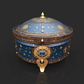Elegant Blue Jewelry Box With Gold Star Patterns And Gemstone Accents On Feet