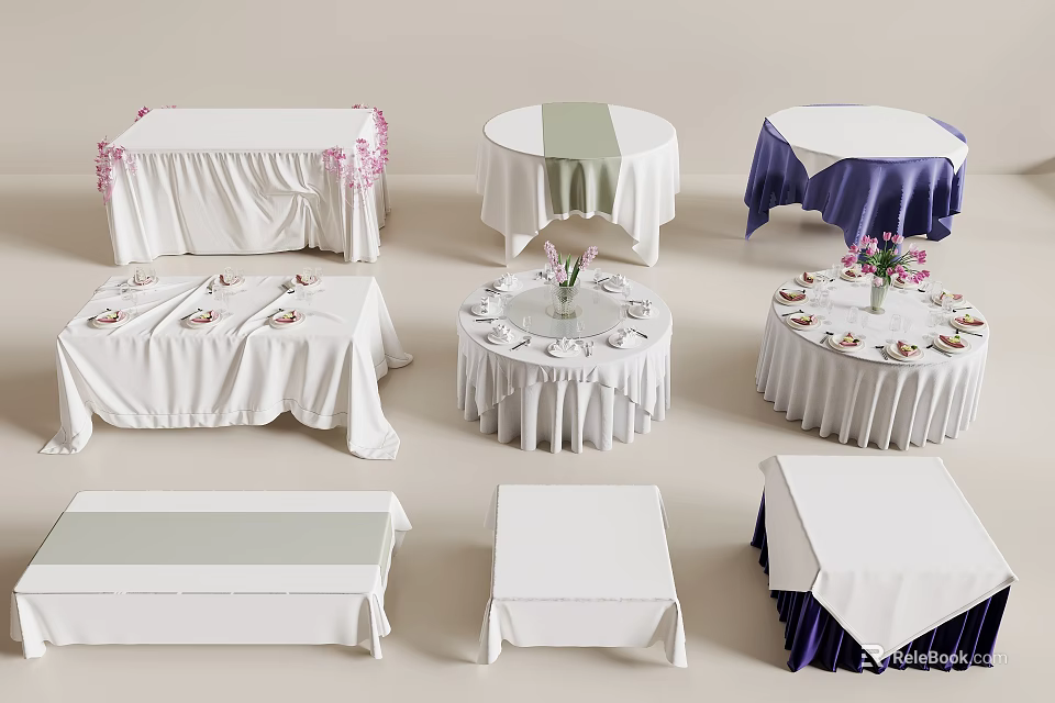 Round And Rectangular Dining Tables With White Linen Tablecloths And Floral Centerpieces 3d model 