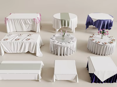 Round And Rectangular Dining Tables With White Linen Tablecloths And Floral Centerpieces 3d model