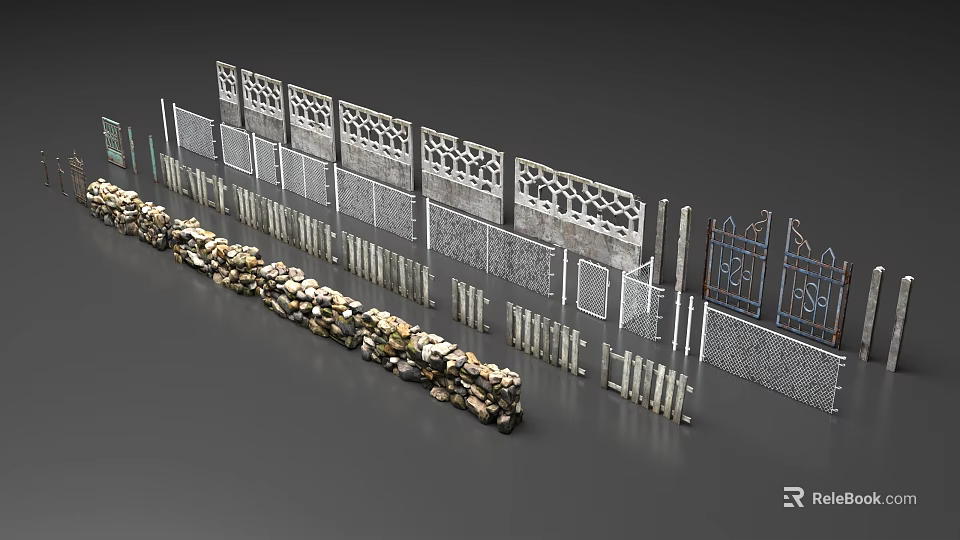 Public Facility Fences With Various Styles Including Stone Built Metal Mesh And Decorative Iron Designs 3d model 