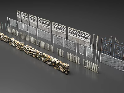 Public Facility Fences With Various Styles Including Stone Built Metal Mesh And Decorative Iron Designs 3d model