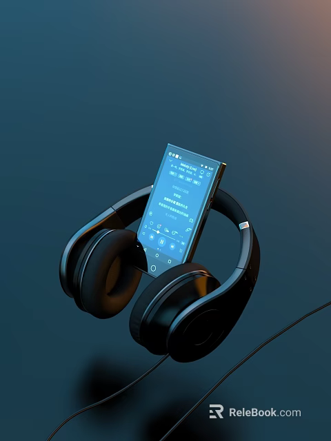 Black Portable Computer With Screen Showing Playlist And Over Ear Headphones On Dark Background 3d model 