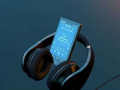 Black Portable Computer With Screen Showing Playlist And Over Ear Headphones On Dark Background 3d model