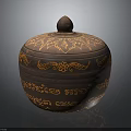 Brown Lidded Container With Intricate Orange Patterns And Traditional Carvings