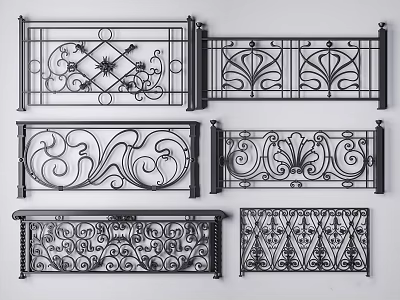 Ornate Wrought Iron Railings Showcasing Various Curved And Geometric Decorative Patterns 3d model