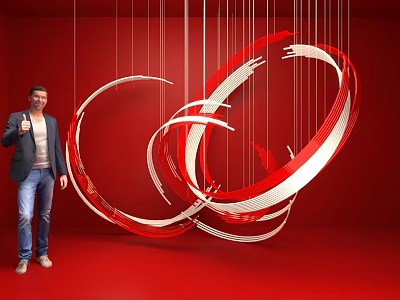 Red And White Circular Hanging Art Installation Suspended By Wires In Red Background 3d model