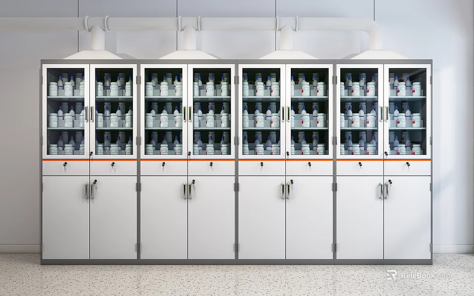 Laboratory Interior With Glass Door Storage Cabinets Containing Bottles And Ventilation Hoods 3d model 