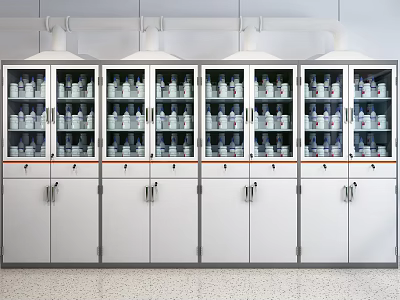 Laboratory Interior With Glass Door Storage Cabinets Containing Bottles And Ventilation Hoods 3d model