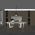 Modern Restaurant Interior With Dining Table Chairs Hanging Pendant Light And Wine Rack Window Blinds 3d model