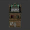 Cartoon Style Multi Story Brick Building With Green Roof Arched Entrance And Windows