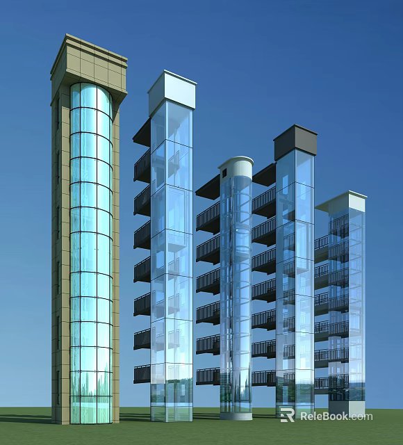 Modern Glass Elevator Structure On High Rise Building Exterior With Facade Design 3d model 