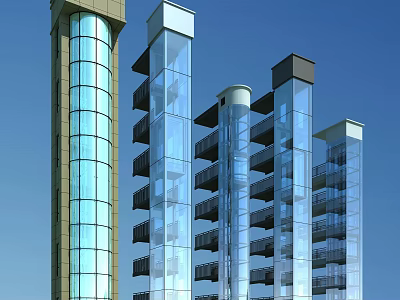 Modern Glass Elevator Structure On High Rise Building Exterior With Facade Design 3d model