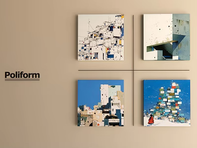 Set of Four Modern Abstract Oil Paintings With Architectural Scenes And Colorful Blocks 3d model