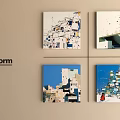 Set of Four Modern Abstract Oil Paintings With Architectural Scenes And Colorful Blocks