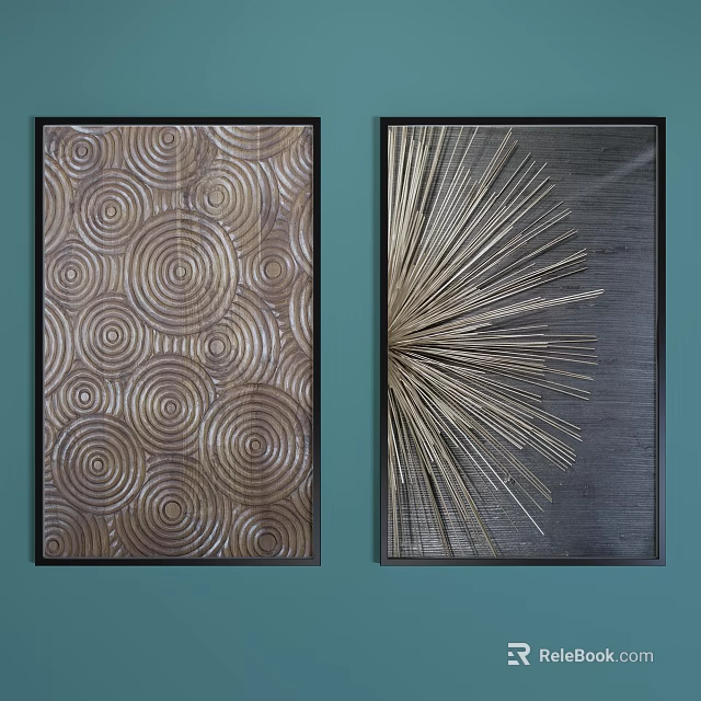 Two Decorative Wall Paintings With Circular Spiral And Radiating Line Patterns In Dark Frames 3d model