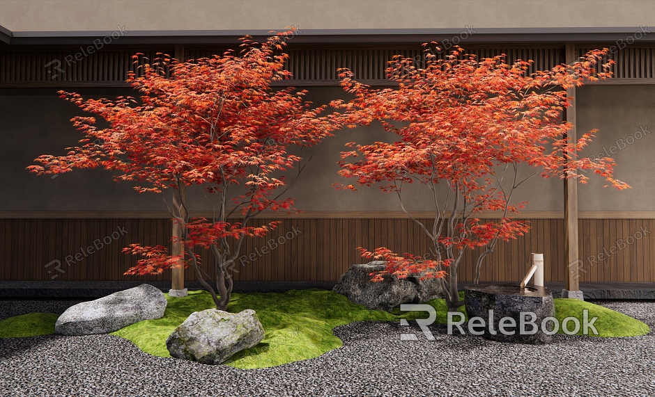 Red maple stone landscape landscaping courtyard landscape sketch moss water bowl model