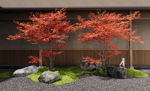 Red maple stone landscape landscaping courtyard landscape sketch moss water bowl 3d model