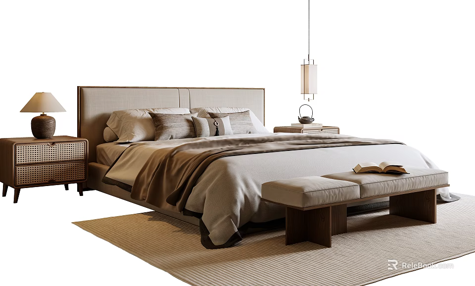 Modern Double Bed With Headboard Pillows Blanket Bench Book Nightstand Lamp And Rug 3d model 