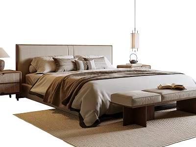 Modern Double Bed With Headboard Pillows Blanket Bench Book Nightstand Lamp And Rug 3d model