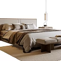 Modern Double Bed With Headboard Pillows Blanket Bench Book Nightstand Lamp And Rug