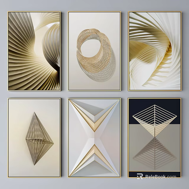 Abstract Geometric Artworks With 3D Patterns Gold Frames For Modern Home Decor 3d model 