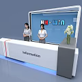Modern Exhibition Entrance with Information Desk Staff Members Vase and Brand Logo