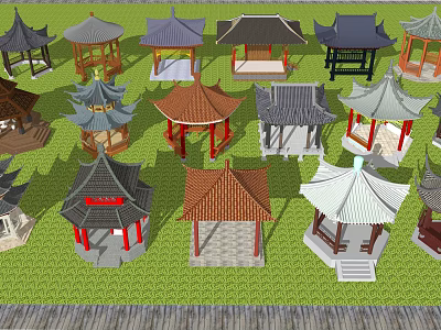 Various Traditional Chinese Pavilions Featuring Different Roof Styles And Structures On Green Grass 3d model
