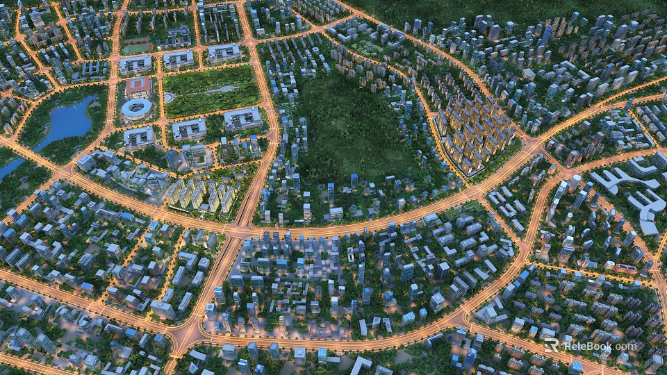 Aerial View Master Plan of Residential Community with Buildings Green Spaces and Road Layout 3d model 