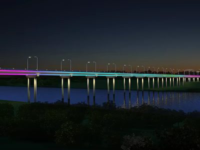 Colorful Illuminated Bridge Over River At Night With Pillars And Water Reflection 3d model