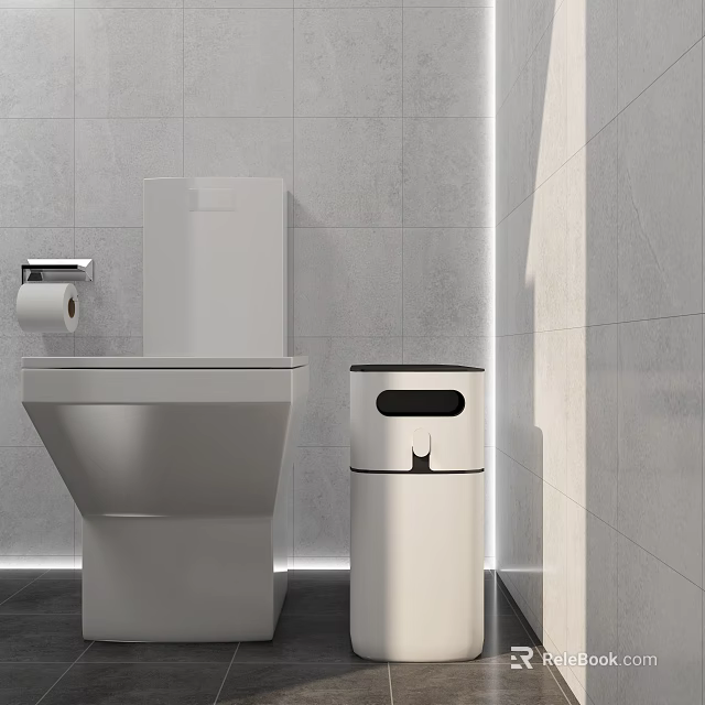 Public Restroom Facility With White Toilet Gray Tiled Walls And Waste Bin 3d model 